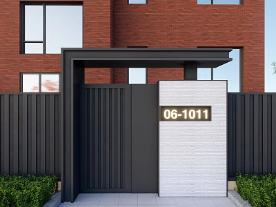 Modern Black and White Gate with Number 061011 Red Brick Building and Green Bushes 3d model