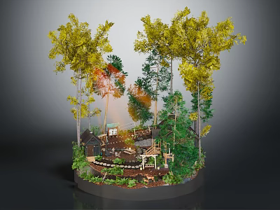 Cartoon Scene With Lush Green Trees Small Cabin Wooden Bridge And Warm Sunlight 3d model