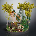 Cartoon Scene With Lush Green Trees Small Cabin Wooden Bridge And Warm Sunlight