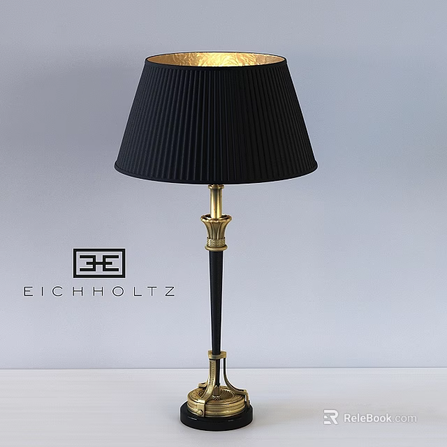 Elegant Eichholtz Table Lamp With Black Pleated Lampshade And Gold Black Base Pole 3d model 
