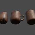 Three Natural Walnut Wood Texture Mugs With Different Shapes On Gray Background
