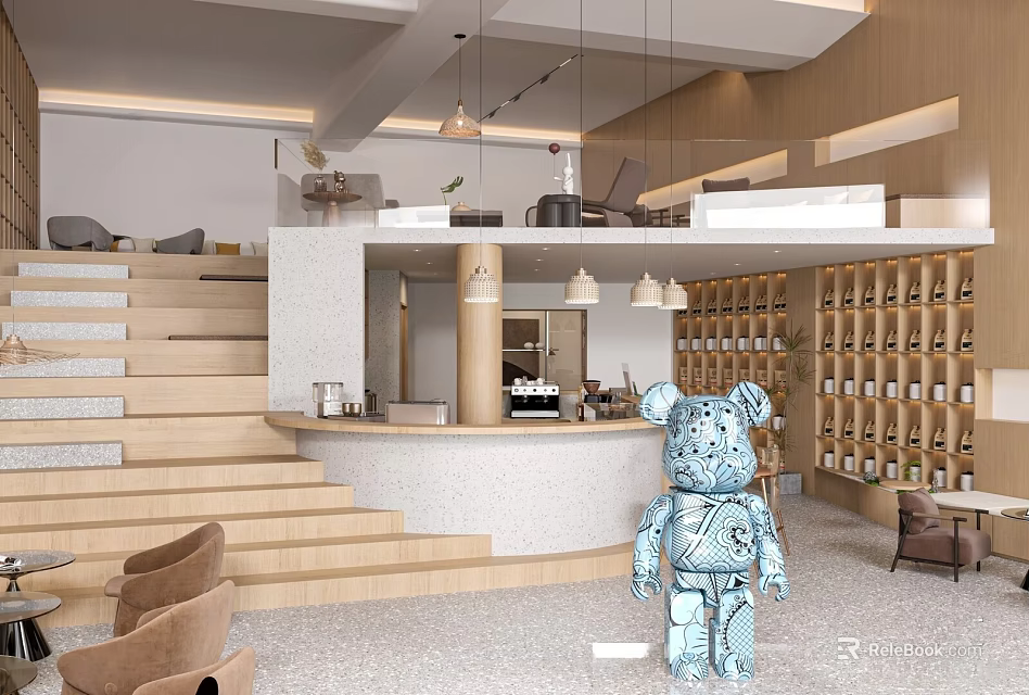 Modern Café Interior With Wooden Stairs Bar Counter Wine Racks And Blue Sculpture 3d model 