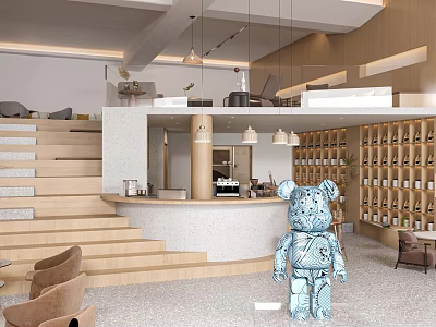 Modern Café Interior With Wooden Stairs Bar Counter Wine Racks And Blue Sculpture 3d model