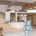 Modern Café Interior With Wooden Stairs Bar Counter Wine Racks And Blue Sculpture