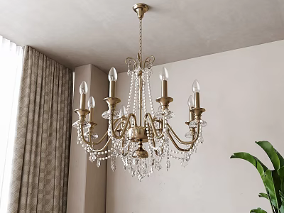 Elegant Vintage Crystal Chandelier With Golden Frame And Candle Shaped Lights In Interior 3d model