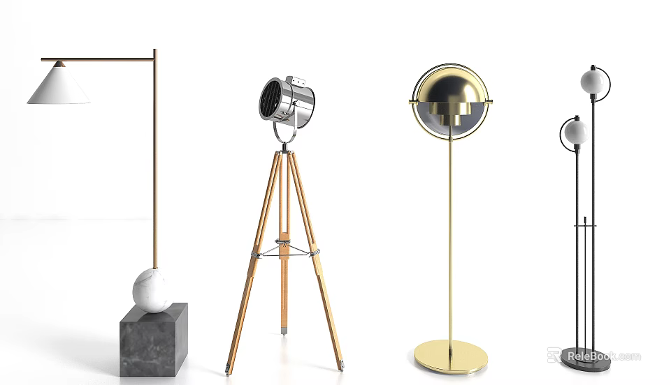 Modern Stylish Floor Lamps With Tripod Stand And Circular Metal Base 3d model 