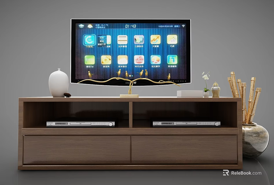 Brown Wooden TV Stand with Smart TV Open Shelves Storage Drawers and Decorative Accessories 3d model 