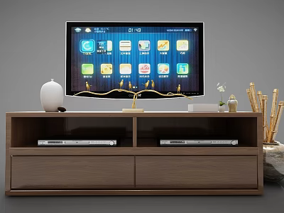 Brown Wooden TV Stand with Smart TV Open Shelves Storage Drawers and Decorative Accessories 3d model