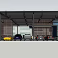 Modern Car Showroom Garage With Multiple Colored Cars And White Counter Structure