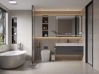 Modern Bathroom Interior Design With Bathtub Toilet Vanity Sink Mirror Shelves And Lighting 3d model