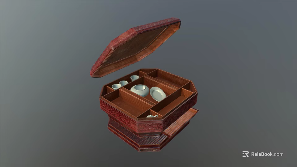 Traditional Tableware Set In Open Wooden Box With Compartmentalized Storage White Ceramic Bowls And Plates 3d model 