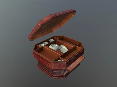Traditional Tableware Set In Open Wooden Box With Compartmentalized Storage White Ceramic Bowls And Plates 3d model