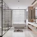 Modern Bathroom With Marble Walls Large Window Blinds Glass Shower And Double Sink Vanity