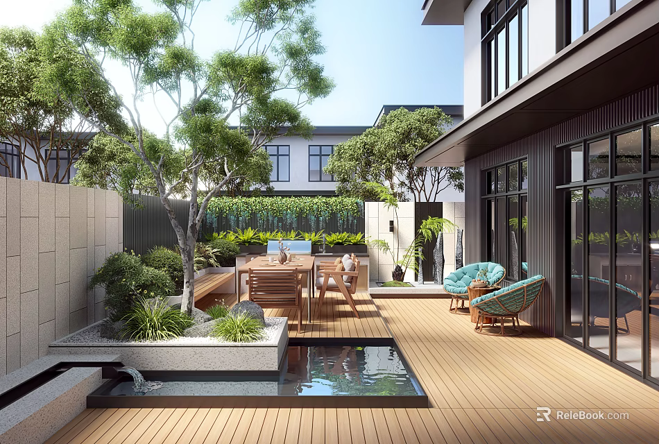 Modern Courtyard Garden With Wooden Deck Water Pool Outdoor Furniture And Green Trees Plants 3d model 