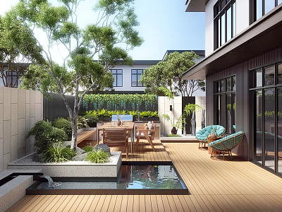 Modern Courtyard Garden With Wooden Deck Water Pool Outdoor Furniture And Green Trees Plants 3d model