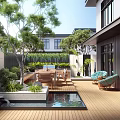 Modern Courtyard Garden With Wooden Deck Water Pool Outdoor Furniture And Green Trees Plants