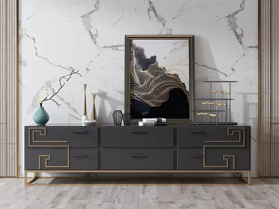 Gray TV Stand With Gold Accents Drawers Against Marble Wall Featuring Decorative Painting Vase Shelf 3d model