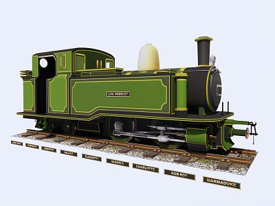 Vintage Green Black Steam Train Locomotive With White Chimney On Tracks 3d model