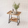 Modern Two Tier Side Table with Wooden Top Metal Frame Potted Plant and Soap Tray