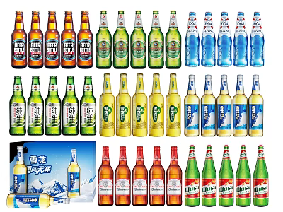Colorful Snow Beer Bottles and Glasses Arranged with Various Colors and Packaging 3d model
