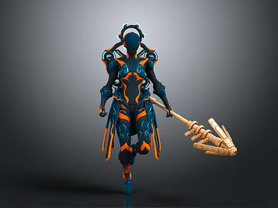 Futuristic Character with Blue Orange Armor Wielding Skeletal Creature Weapon in Dynamic Pose 3d model