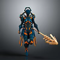 Futuristic Character with Blue Orange Armor Wielding Skeletal Creature Weapon in Dynamic Pose