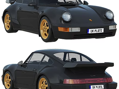 Black Two Door Sports Car With Gold Rims UK License Plate And Rear Spoiler 3d model