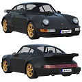 Black Two Door Sports Car With Gold Rims UK License Plate And Rear Spoiler