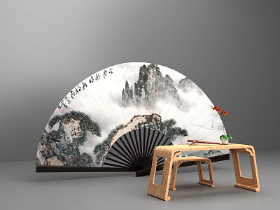Traditional Chinese Hand Fan with Ink Landscape Painting and Small Wooden Table 3d model