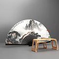 Traditional Chinese Hand Fan with Ink Landscape Painting and Small Wooden Table