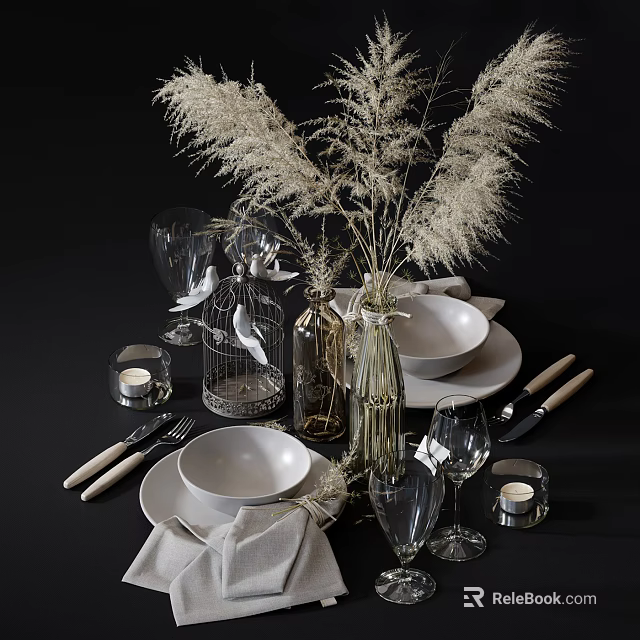 Elegant Tableware Set With Bowls Plates Glasses Cutlery And Decorative Plants 3d model 