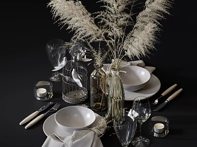 Elegant Tableware Set With Bowls Plates Glasses Cutlery And Decorative Plants 3d model