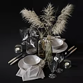 Elegant Tableware Set With Bowls Plates Glasses Cutlery And Decorative Plants