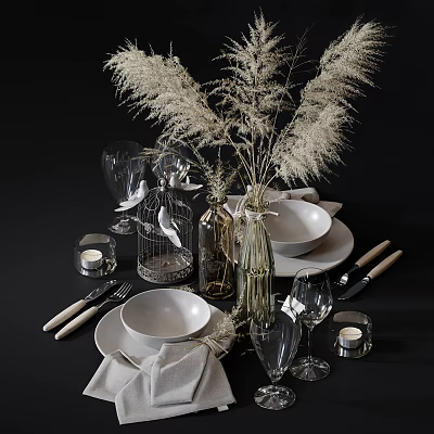 Elegant Tableware Set With Bowls Plates Glasses Cutlery And Decorative Plants 3d model