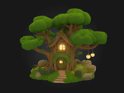 Magical Tree House With Lush Green Leaves Wooden Door Steps And Hanging Lanterns 3d model