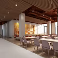 Modern Restaurant Interior With Orange Chairs Wooden Tables Wooden Ceiling And Large Windows