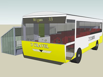 D TRAVEL Wigan 33 Yellow White Bus With Ramp Entrance Red Seats Transparent Windows 3d model