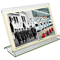Transparent Display Stand With Black White Photo Building Group And Color Photo Women Uniforms Red Shoes