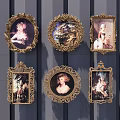Classical Paintings With Golden Frames Featuring Figures And Landscapes On Gray Striped Wall