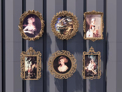 Classical Paintings With Golden Frames Featuring Figures And Landscapes On Gray Striped Wall 3d model