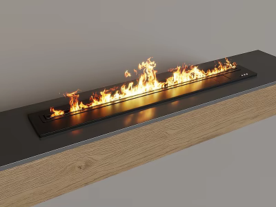 Modern Linear Fireplace With Burning Flames On Black Surface And Wooden Mantel 3d model