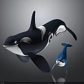 Playful Blue And White Orca Whale With Small Blue Baby Whale Floating Together