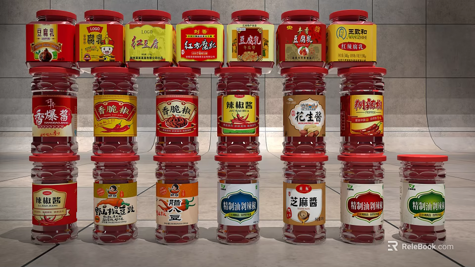 Various Red Labeled Spice Bottles with Different Flavors on Kitchen Shelf 3d model