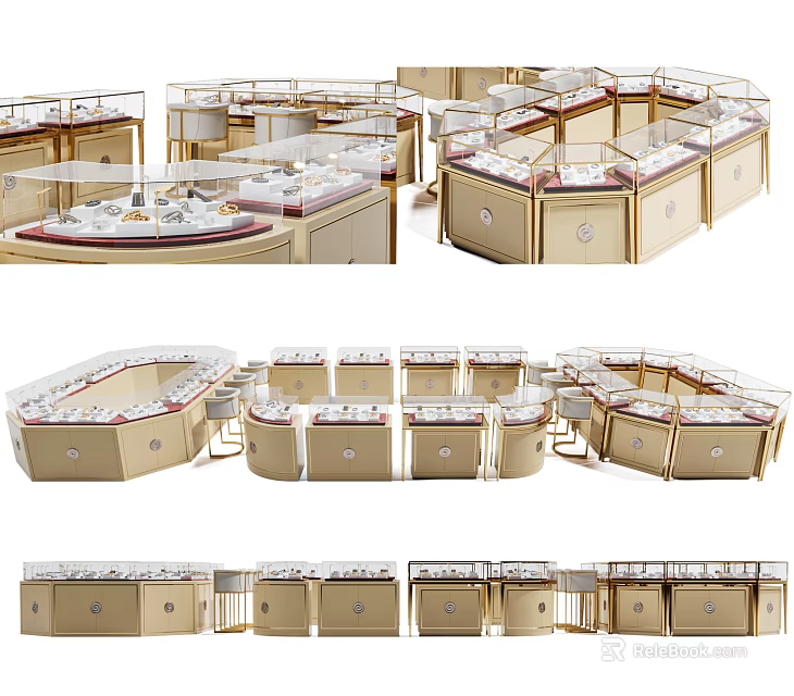 Luxury Retail Jewelry Display Shelves With Glass Tops And Golden Frames 3d model 