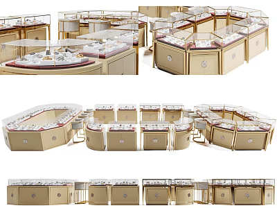 Luxury Retail Jewelry Display Shelves With Glass Tops And Golden Frames 3d model