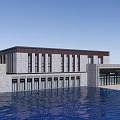 Modern Sales Office Building With Green Roof Stone Facade Large Windows And Water Surrounding