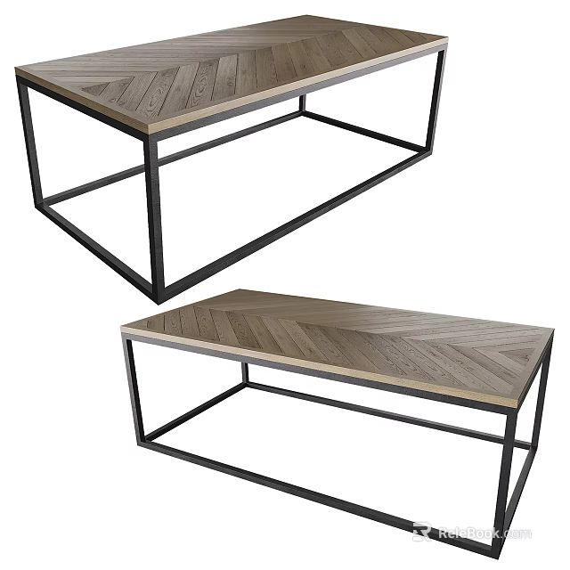 Modern Herringbone Pattern Coffee Table With Wooden Top And Black Metal Frame 3d model 