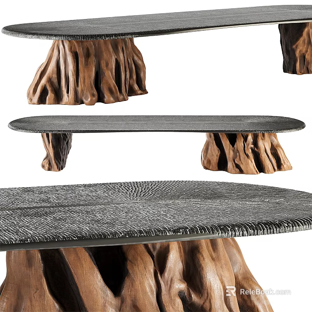 Rustic Dining Table With Tree Stump Base And Textured Grey Surface 3d model
