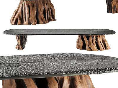 Rustic Dining Table With Tree Stump Base And Textured Grey Surface 3d model