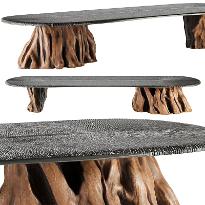 Rustic Dining Table With Tree Stump Base And Textured Grey Surface 3d model